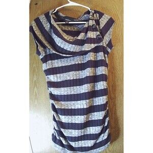 Amy Wear Tops Womens Size Large Striped Cowl Neck Gray Rouched Short Sleeve